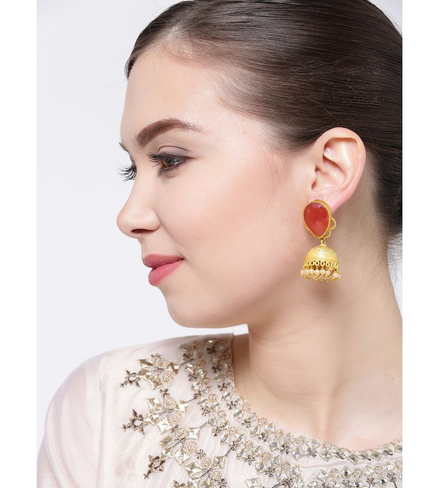 YouBella Rust Orange Gold-Plated Teardrop Shaped Jhumkas
